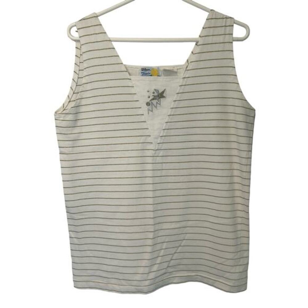 Vtg Wilson Tennis Tank Top Gold Striped Embroidered 80s 90s‎ Cotton Sz Large Geo